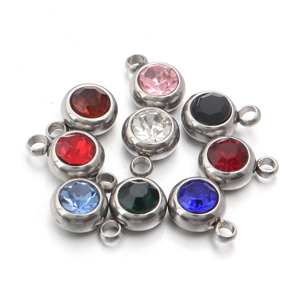 10Pcs Mini Birthstone Charms Stainless Steel Round Rhinestone Crystal Pendant for Jewelry Making DIY Necklace Bracelet Findings
