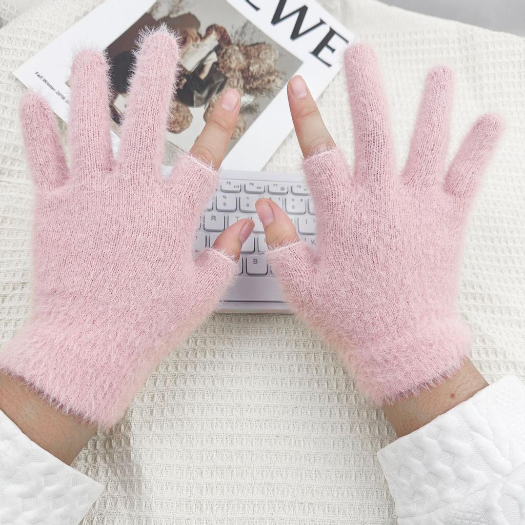 Winter Two Finger Touchscreen Gloves Jacquard Plush Warm Knit Thick Student Half Finger Mittens