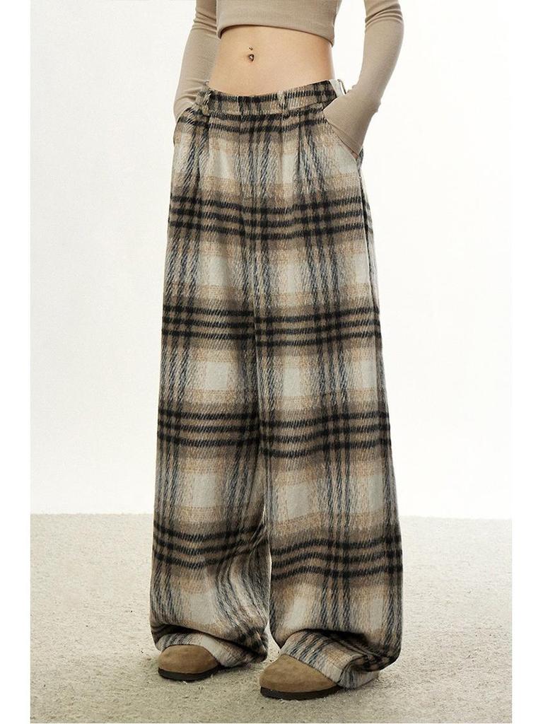 Women's Retro Plaid Wool Wide-Leg Pants - Loose, Versatile Design for Autumn/Winter