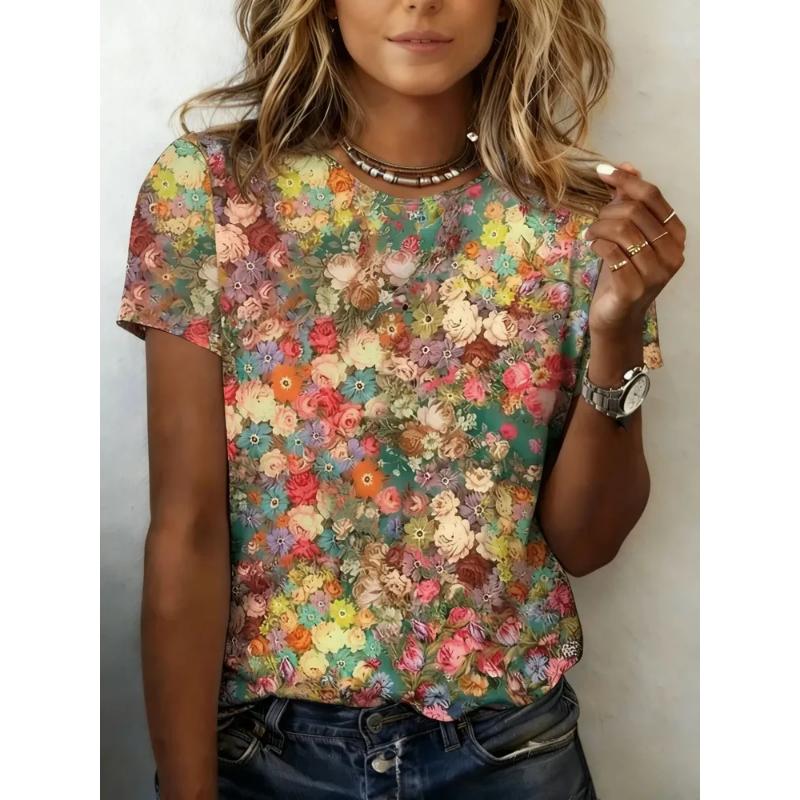 Modisches Damen Rundhals Kurzarm 3D Lässiges Farbprint Lässiges Kurzarm Rundhals T-Shirt