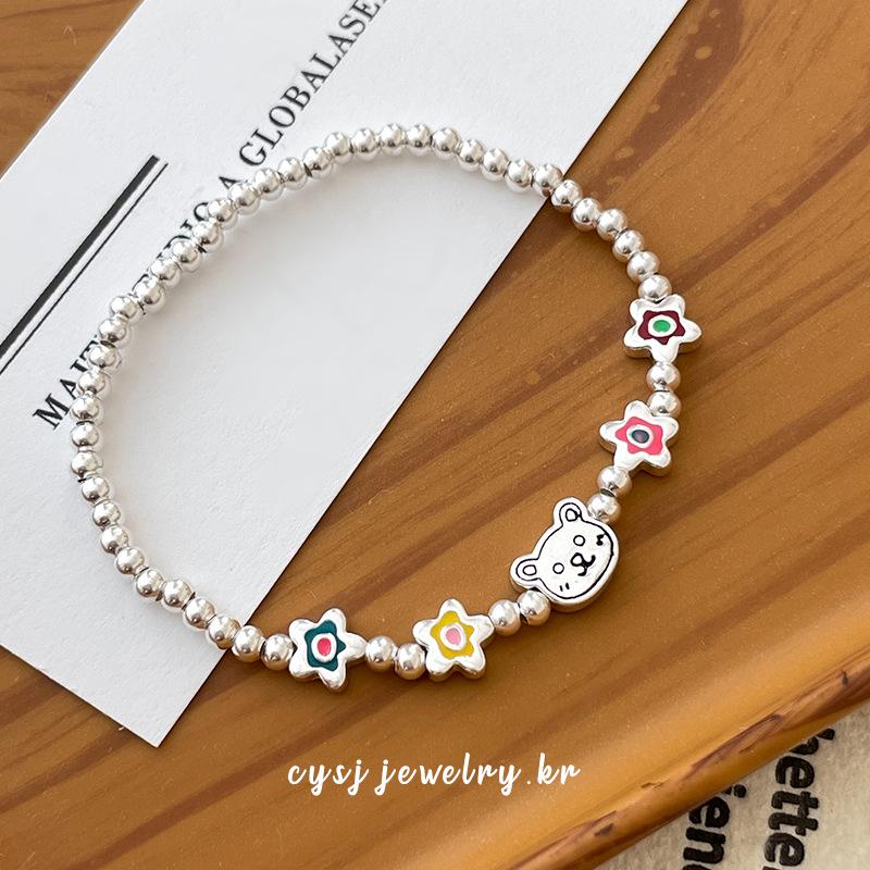 Cui Yan S925 Sterling Silver Floral Bear Bracelet - Women s Korean Style, Cute, Spring/Summer 2025 Beaded Design. 925 Sterling Silver