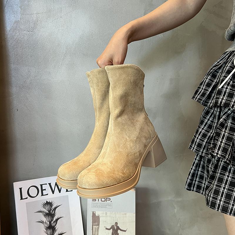 High-heeled short boots women's 2025 autumn and winter new French thick-heeled thick-soled Martin boots knight boots fashion versatile boots