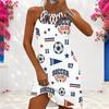 Women Plus Size Sleeveless Criss Cross Cutout Halter Neck Printed White Fitted Curved Hem Dress