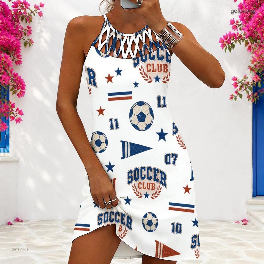 Women Plus Size Sleeveless Criss Cross Cutout Halter Neck Printed White Fitted Curved Hem Dress