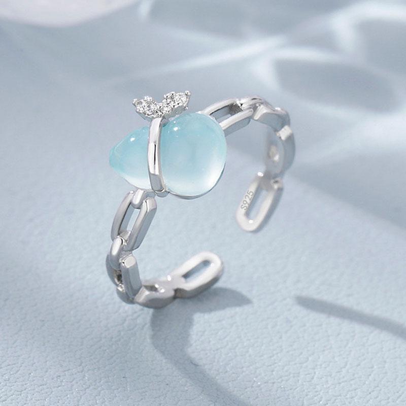 925 Sterling Silver Rings For Women Geometric Fine Jewelry Finger Adjustable Simple Blue Stone Leaf Ring For Party Birthday Gift