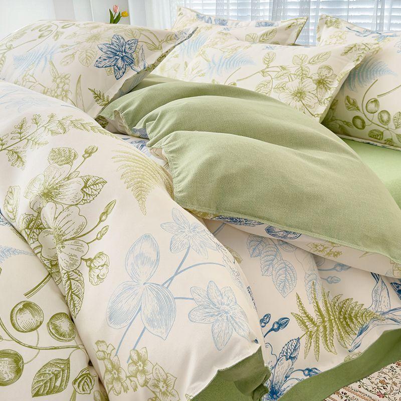 Simple Class A Washed Cotton Four-piece Bedding Set Princess Style Printed Quilt Cover Dormitory Bed Sheet Three-piece Quilt Cover