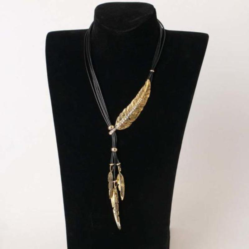 Bohemian Damen Strass Feder Anhänger Kunstleder Seil Halskette Schmuck