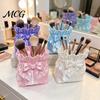 Large Capacity Brush Organizer Satin Bow Bag Makeup Holder, 3D Printed Beauty Tool Eye Shadow Case for Desk, Bowknot Pouch Pencil Holder Storage