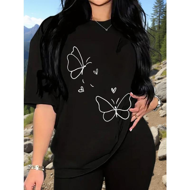 Women Black White Gray Butterfly Letter Print Tee Short Sleeve Elastic Casual Top S чёрный
