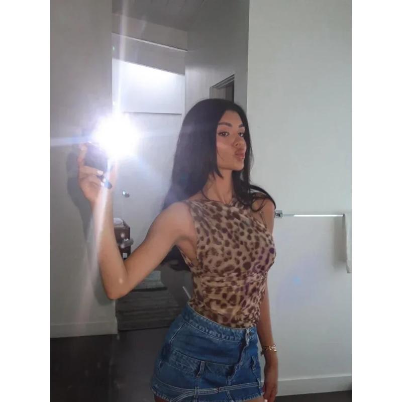 Vintage leopardí potisk bez zad nepravidelná vesta dámská sexy odhalená ramena bez rukávů halenka léto šik dámské pouliční oblečení košile
