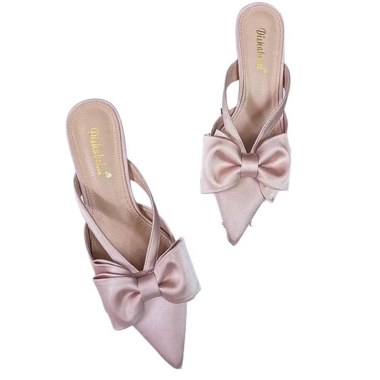 Bow Bag Head Half Slippers Women's 2025 Summer New Satin-faced Stiletto Slippers Pointed Stiletto Empty Slippers