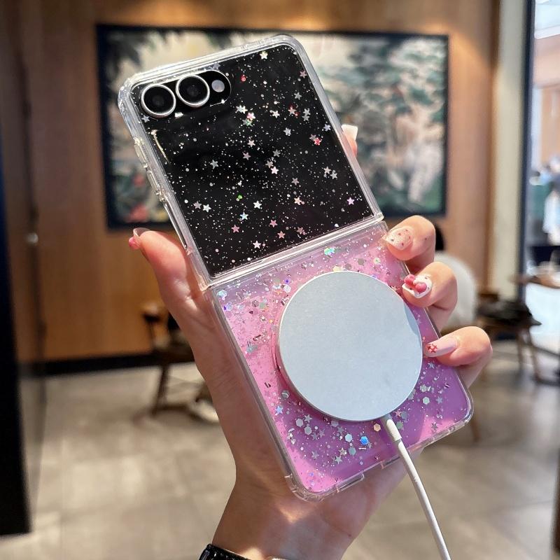 Glitter Gradient Transparent Magnetic Phone Case for Samsung Galaxy Z Flip 7 FE 6 5 4 3 for Magsafe Wireless Charge Cover