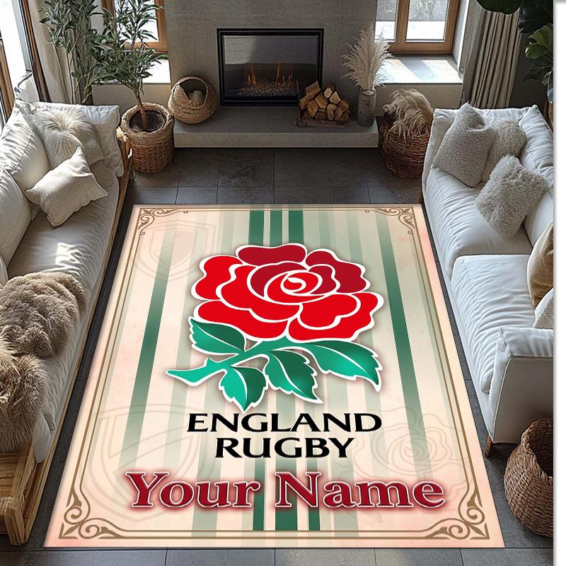 England Rugby Crystal Velvet Rug, Custom Name Text Personalized Non‑Slip Floor Mat for Home Decor Gift