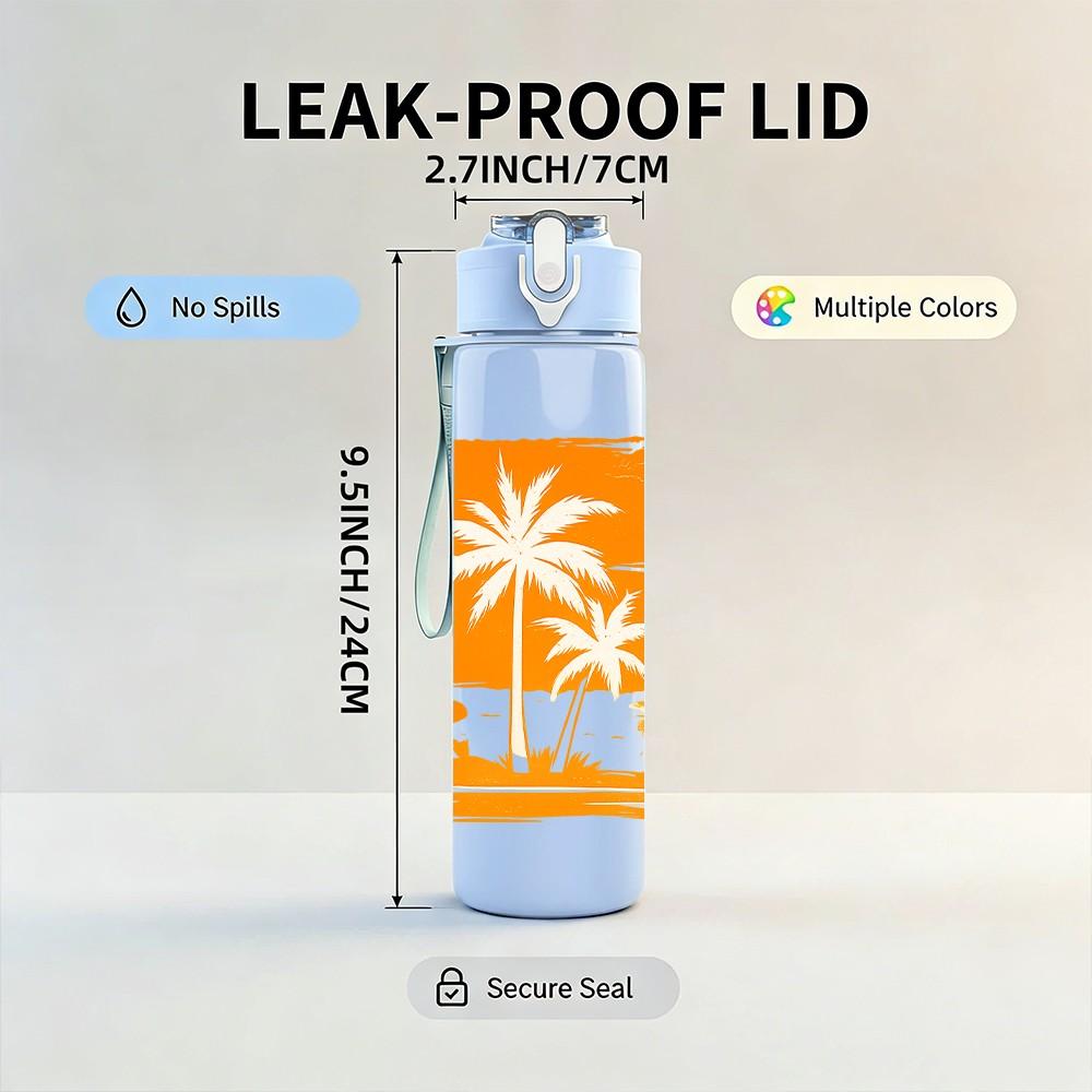 1PC Palm Tree Orange Sunset Graphic 750ml Color Plastic Sports Water Bottle Leakproof Flip Straw Lid Suitable for Sports Office Home Use