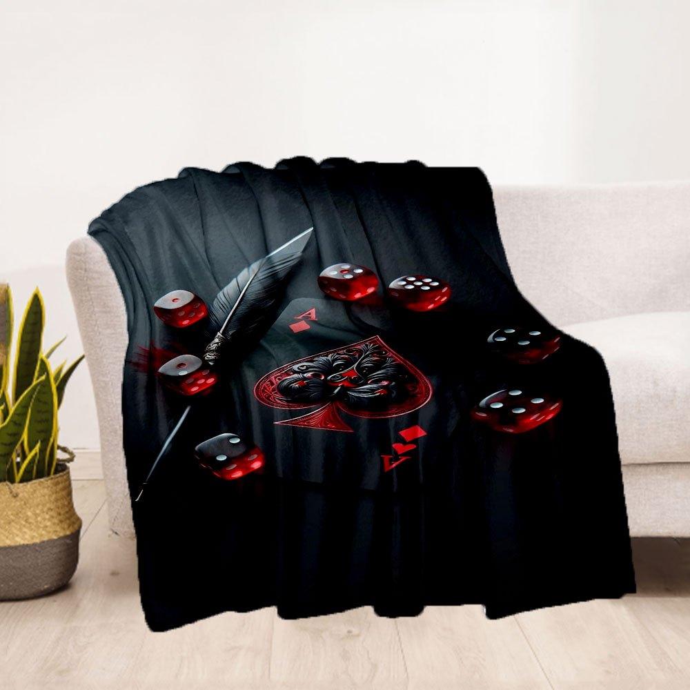 Black Playing Card with Red Dice and Feather DecorBlanket Flannel Throw Blanket for Sofa, Bed, Travel, Camping, Office
