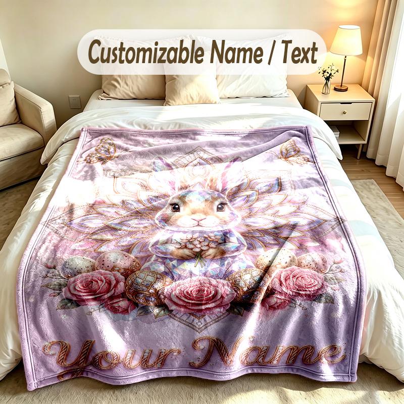 Easter Bunny Theme Soft Blanket Personalized Custom Name Text Print Warm Blanket Home Sofa Bedroom Decor