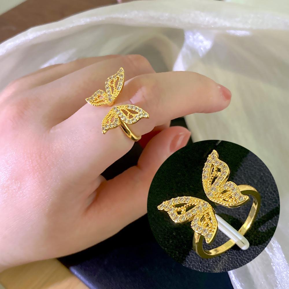 Zircon Rotatable Butterfly Anxiety Rings For Women Gold Color Anti-Stress Fidget Spinner Ring Aesthetic Jewelry