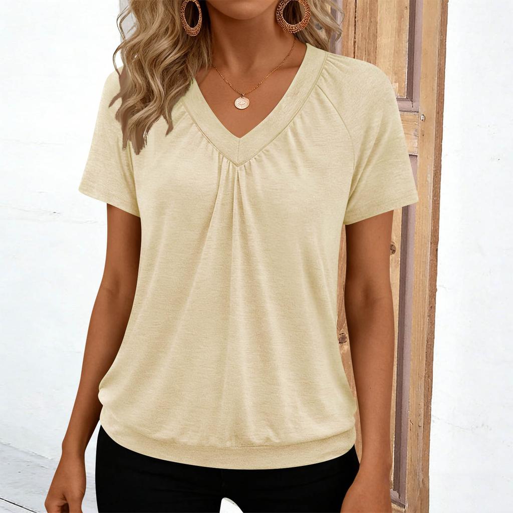 Women's Casual -Color V-Neck Loose-Fit Short-Sleeve Pullover
