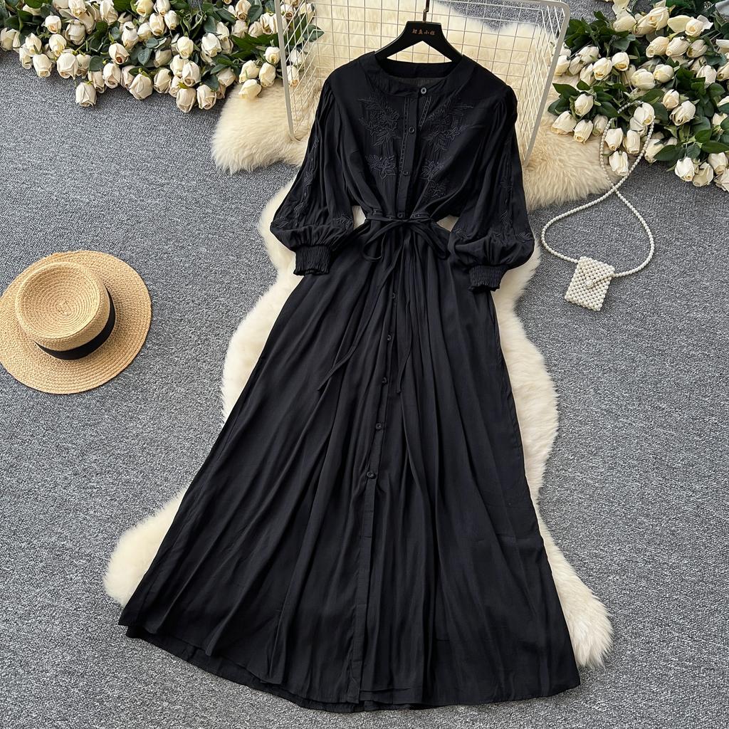 Vintage Elegant Embroidered Button Dress A-line Chic Casual Beach Vacation Women Summer Dresses