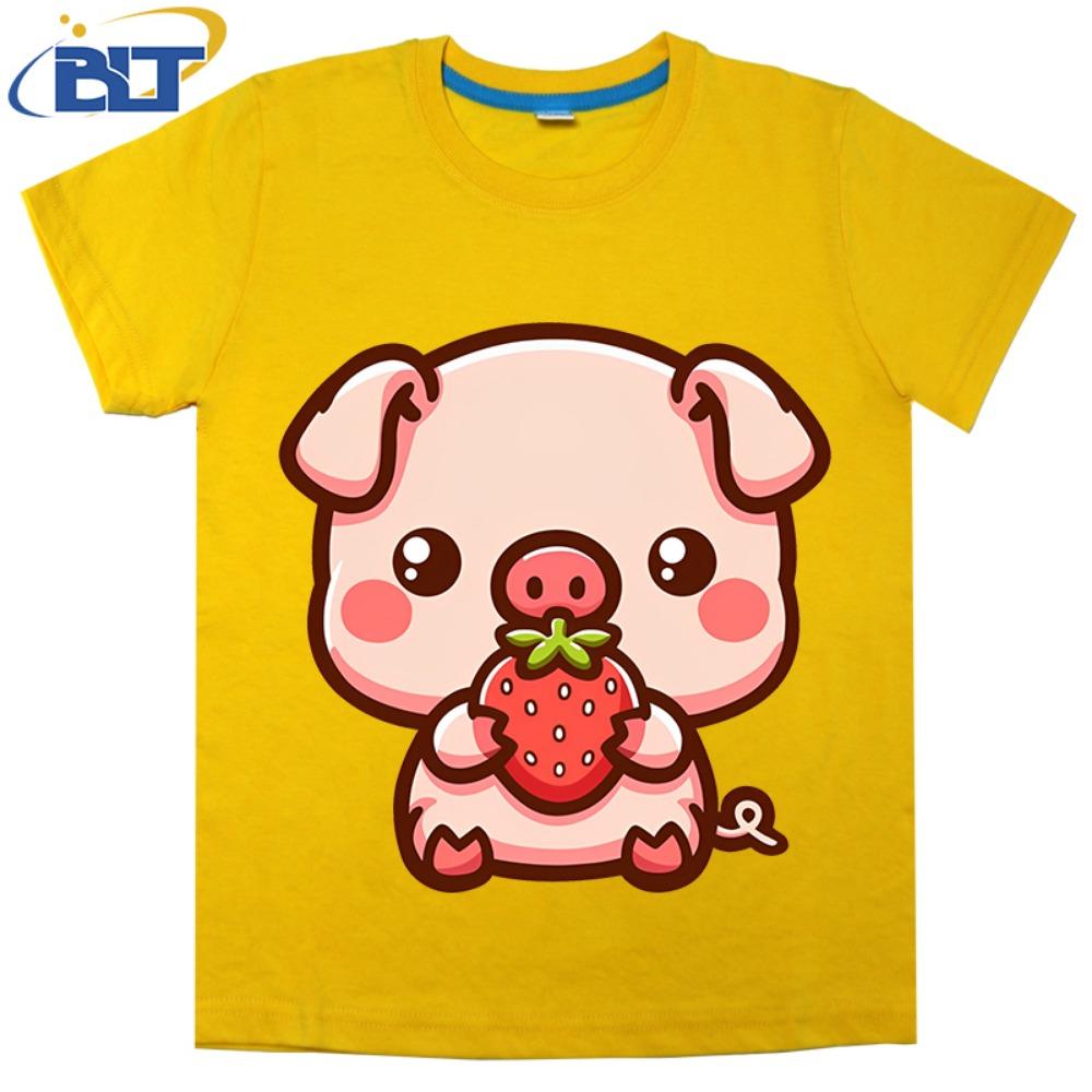 

Pig with Strawberry Printed Kids T-shirt Summer Short Sleeve Casual Tops Suitable for Boys and Girls 110