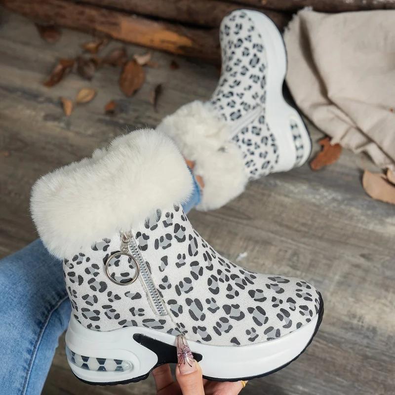Leopard Women Platform Fur Ankle Boots Snow High Heel Sport Shoes Chelsea Winter 2025 Trend Plush Warm Casual Sneaker Bota Mujer