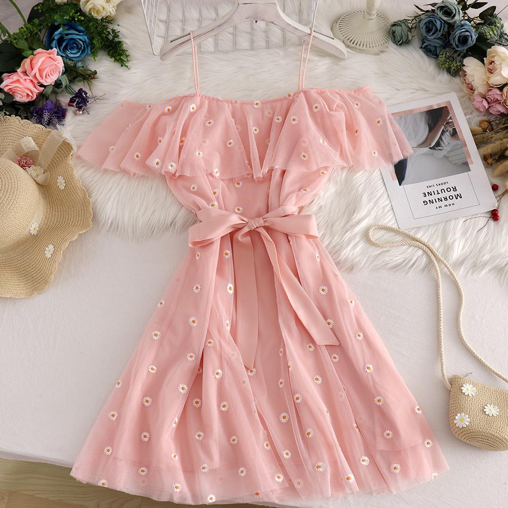 Dámská móda Léto Jaro Květinový potisk Neformální šaty s krátkým rukávem na jedno rameno s vysokým pasem