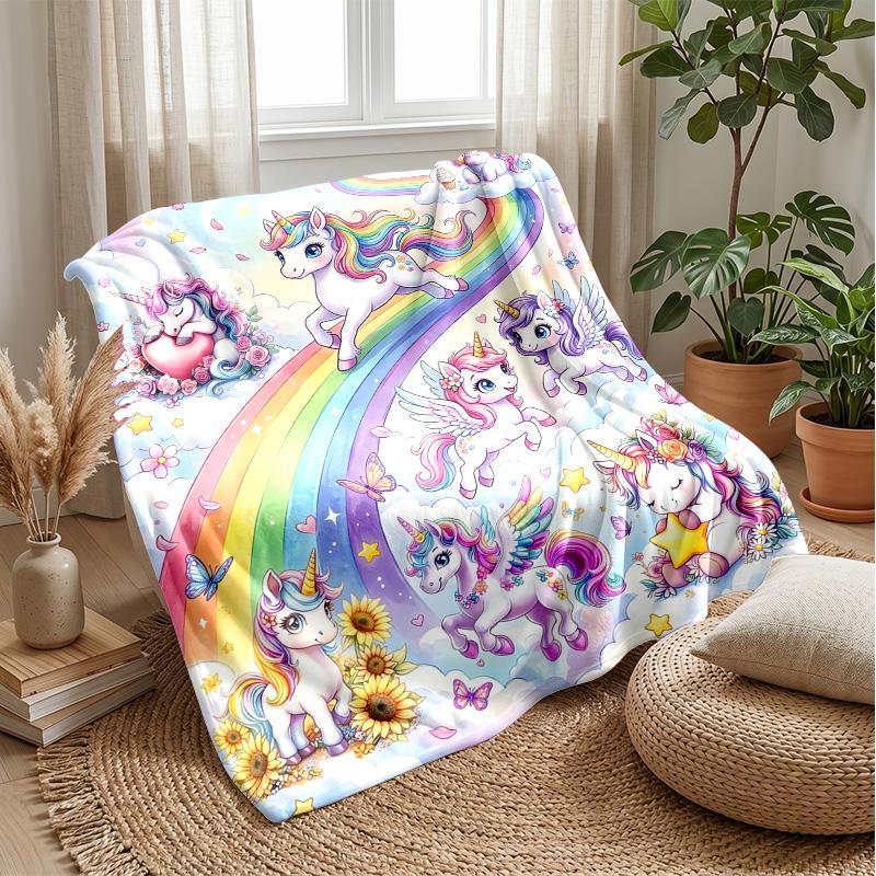 Fantasy Unicorn with Rainbow and Hearts Theme Blanket Lightweight Warm Flannel Blanket Decorative Throw Blanket for Home Decoration