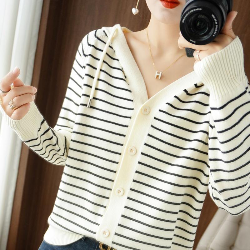 Hooded Knitted Sweater Autumn New Striped Long-sleeved Cardigan Jacket Loose Outer Top Women