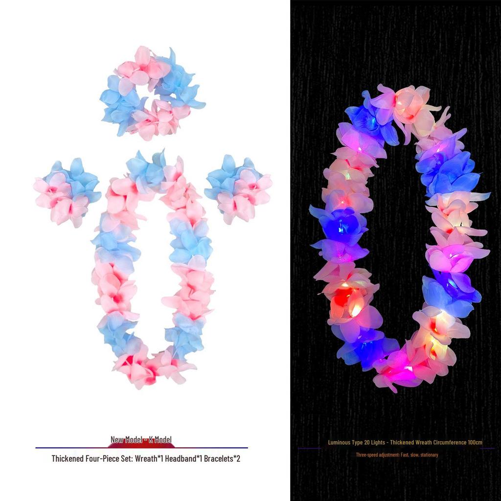 Hawaiian Luminous Flower Garland & Hula Skirt Set - Summer Costume Accessories for Annual Stage Events