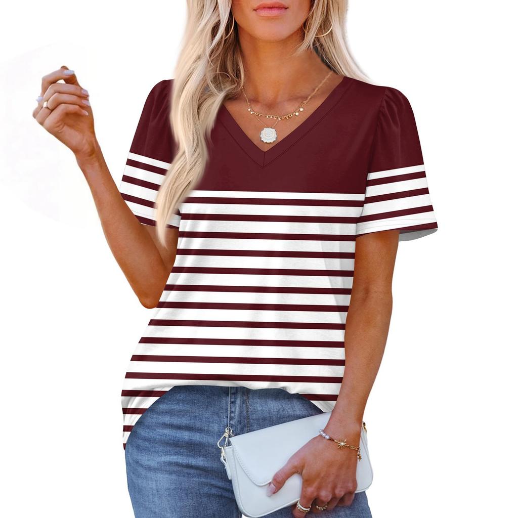 Women's Fashionable Casual Short Sleeve Print V-Neck Pullover Top