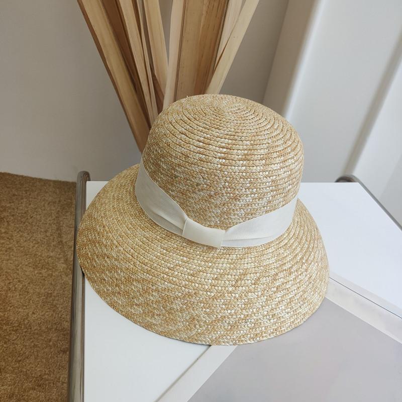New Fashion Women Summer Floppy Hat Wheat Straw Hat with Black White Ribbon Sun Hat UV Protection Beach Cap
