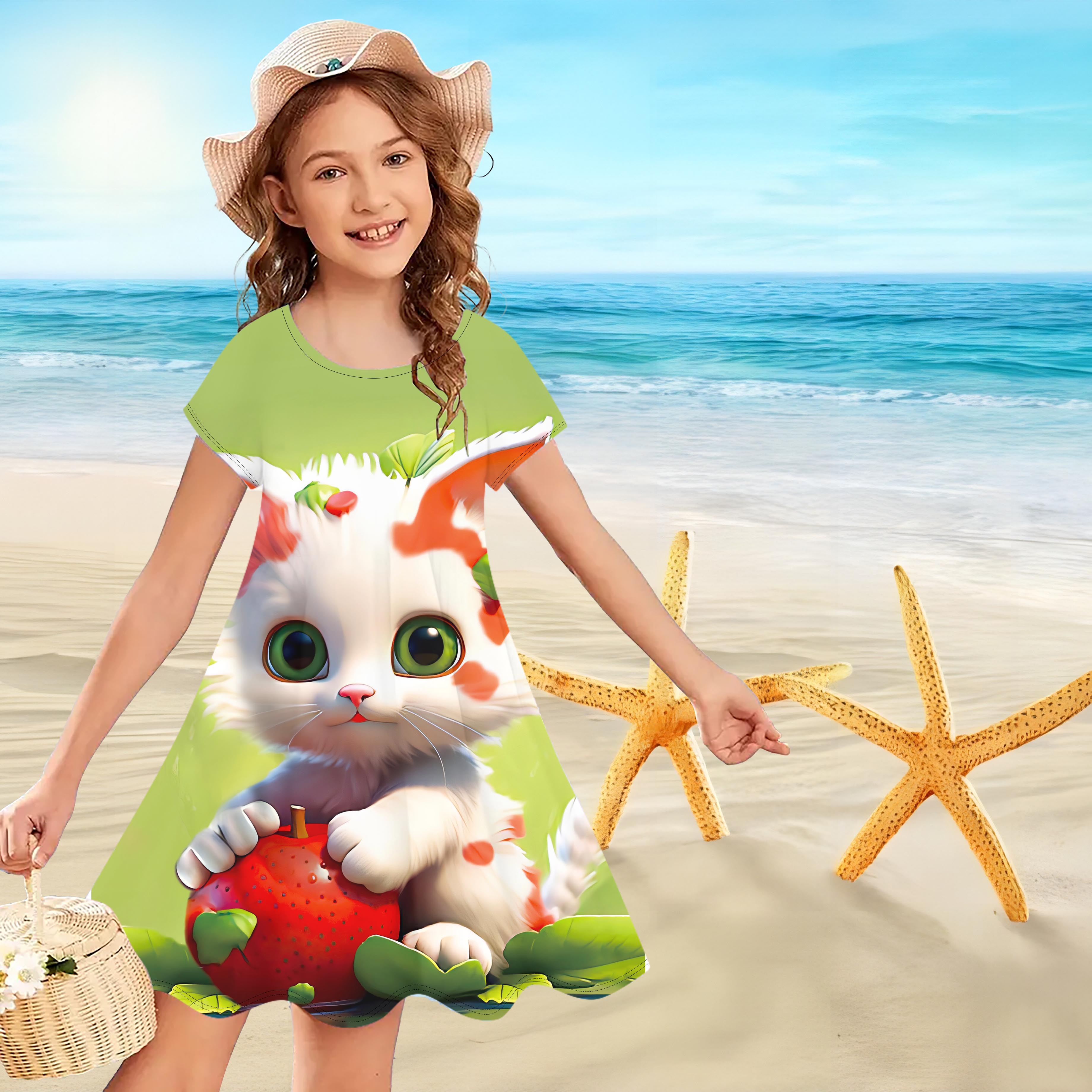 

Платье с 3D милым зеленым котом для девочек, детское праздничное платье принцессы без рукавов для девочек, платье на бретелях с 3D принтом