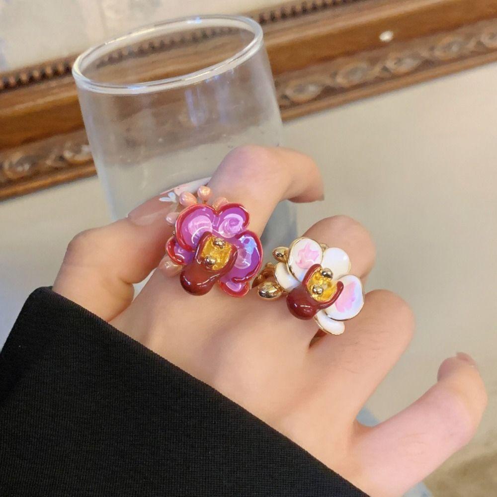 White Iris Flower Enamel Finger Ring Sweet French Irregular Ring Retro Drip Oil Flower Ring  Women