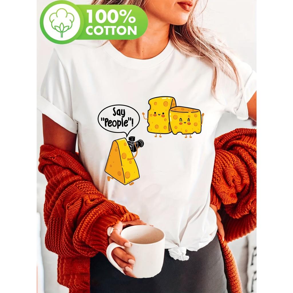 Cheese Lover Print T-Shirt | Short Sleeve Crew Neck Casual Top for Summer & Spring, Women'S Clothing, Cartoon Pattern