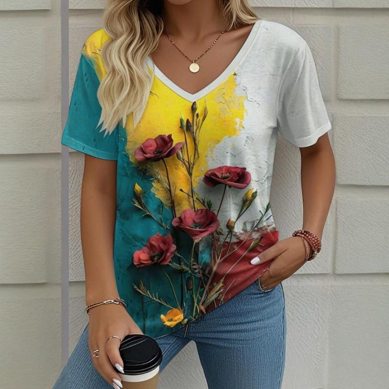 Flower Women's V-neck T-shirt Summer Outdoor Casual Short Sleeve Tops Fashion 3D Printing Trendy OverSize Women's Clothing