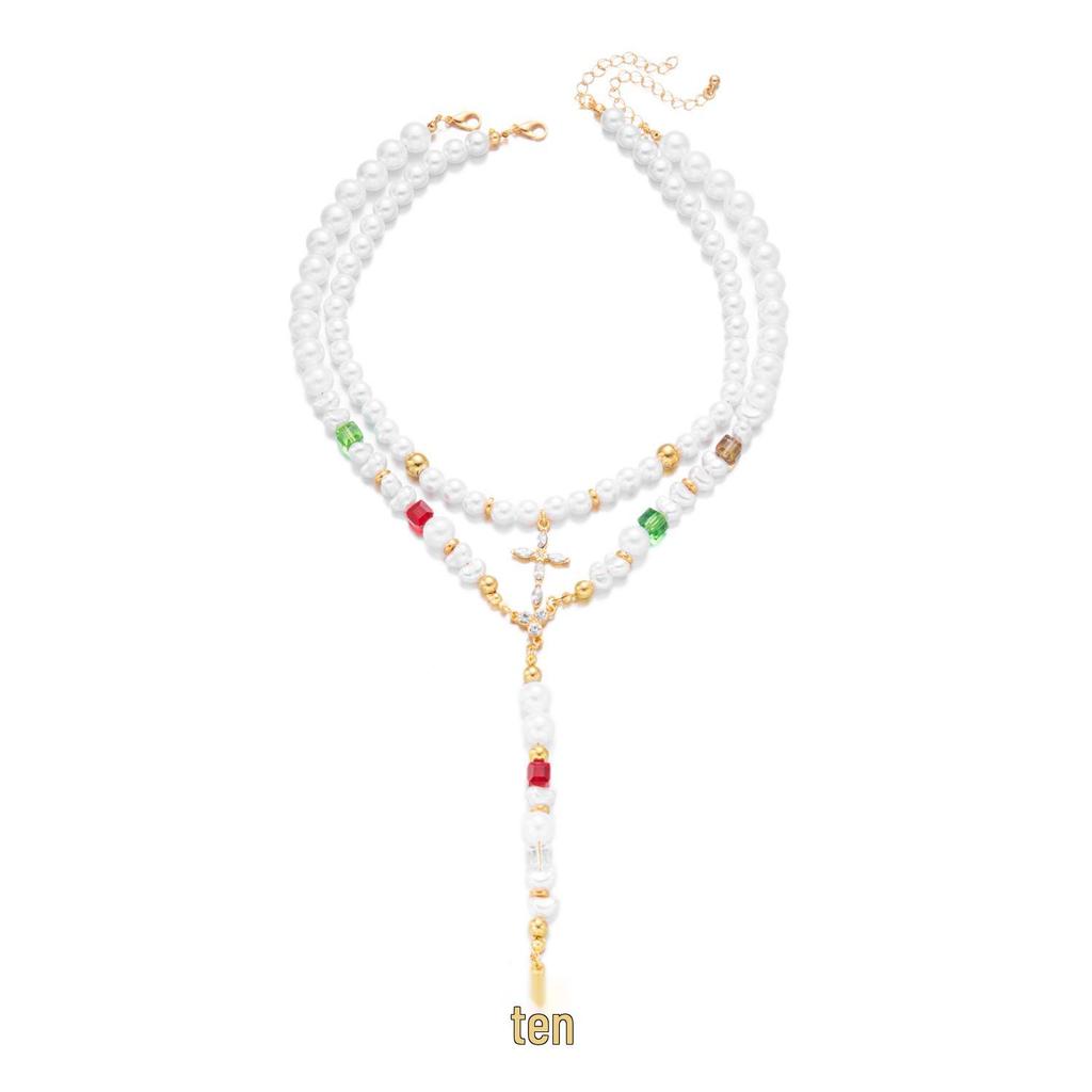 Sicilian Style Double-Layer Colorful Faux Pearl Cross Necklace