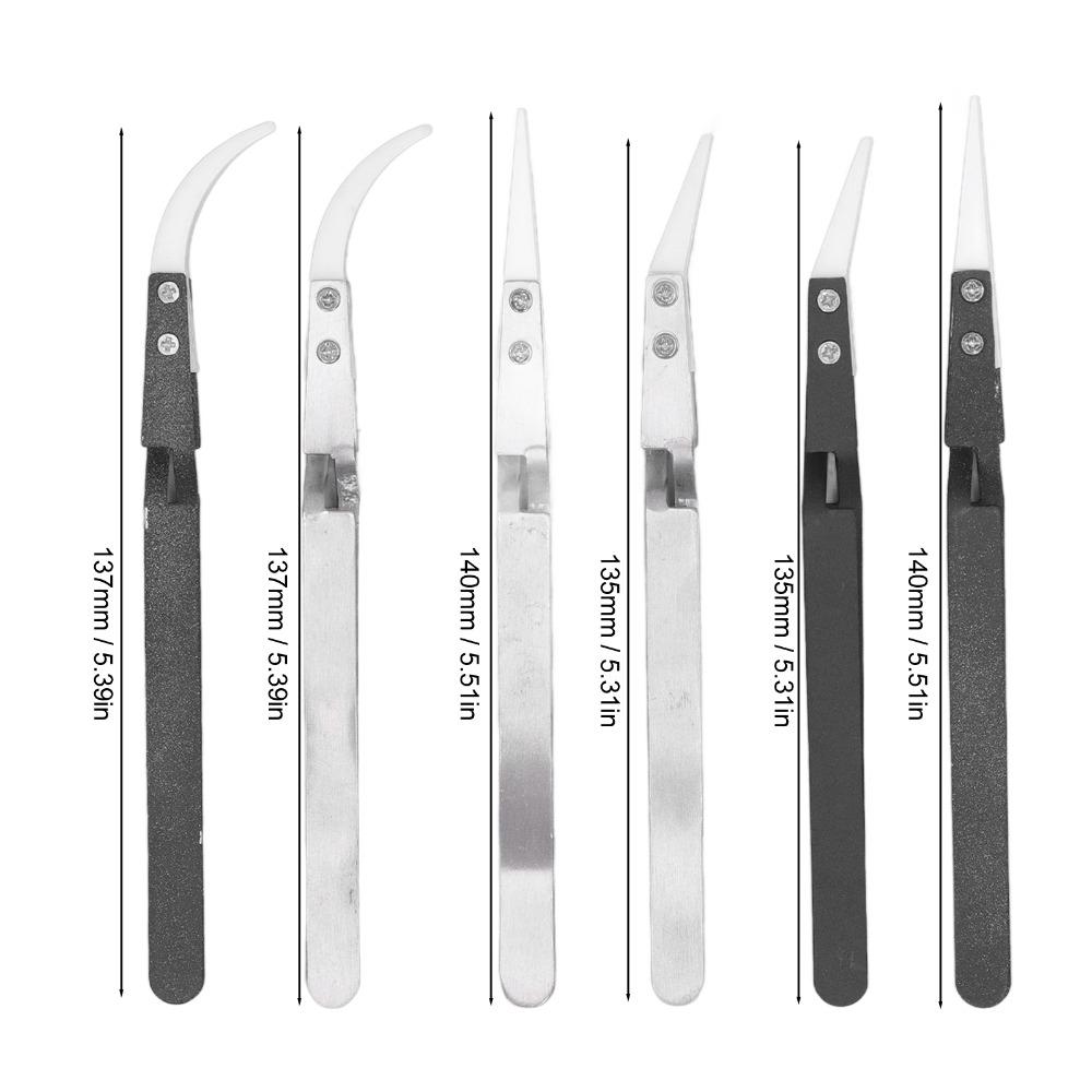 6 PCS Non-Conductive Ceramic Tweezers Anti-Magnetic Pointed & Curved Tips Reverse Solder Tweezers Cross Lock Stainless Steel