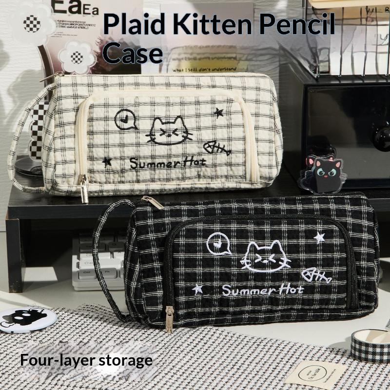 Cute Cartoon Cat Embroidery Pencil Case Large Capacity Student Stationery Storage Bag Pencil Bag Back To School Supplies