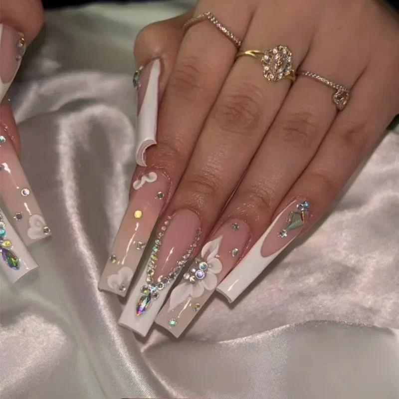 24Pcs Long French Fake Nails with Glue Ballet False Nails Butterfly Rhinestone Design Press On Nails Wearable Coffin Nail Tips