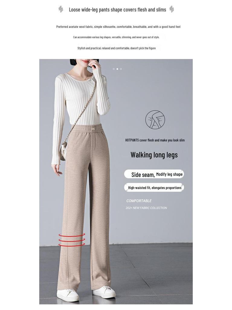 Women's Winter Elastic Waist Loose-Fit Wool Acetate Pants - Slimming, Versatile, Thick, Narrow-Leg To Wide-Leg Design