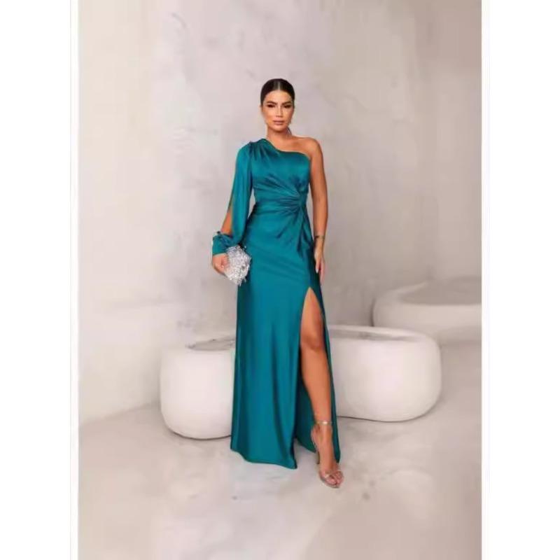Summer New Women's Clothing Diagonal Collar Shoulder Sleeve Pleated Waist Split Sexy Dress