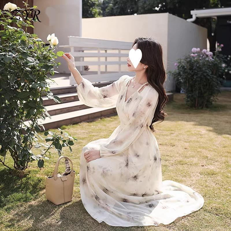 French Spring and Autumn New Printing Mori Super Fairy High Waist Thin Romantic Long Sleeve Long Dress Niche Design