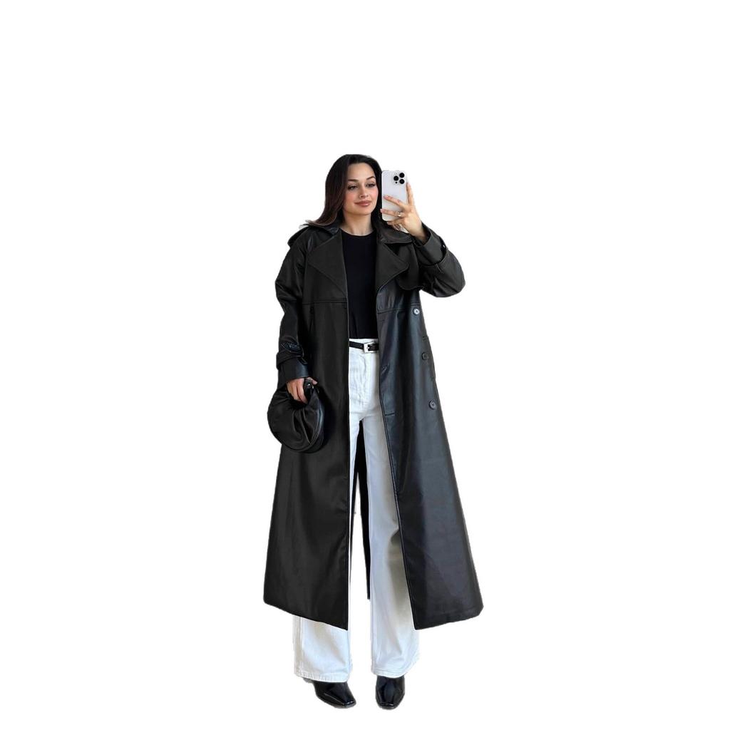 2025 cross-border European and American women's clothing Amazon fashion waist long pu leather coat feeling leather trench coat set