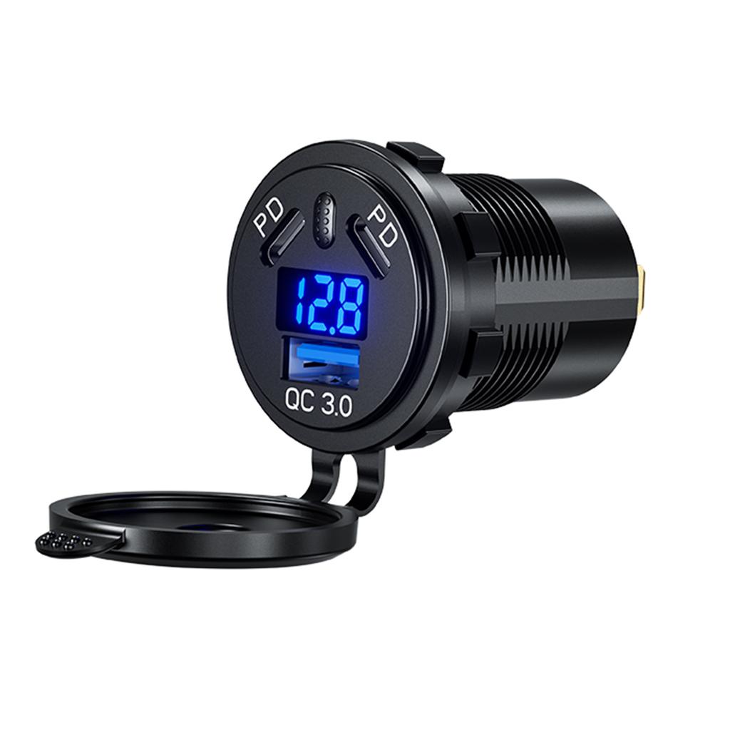 USB C Car Charger Socket 12V/24V USB C Outlet Ual 45W PD Type C & 18W 3.0 Port with LED Voltmeter