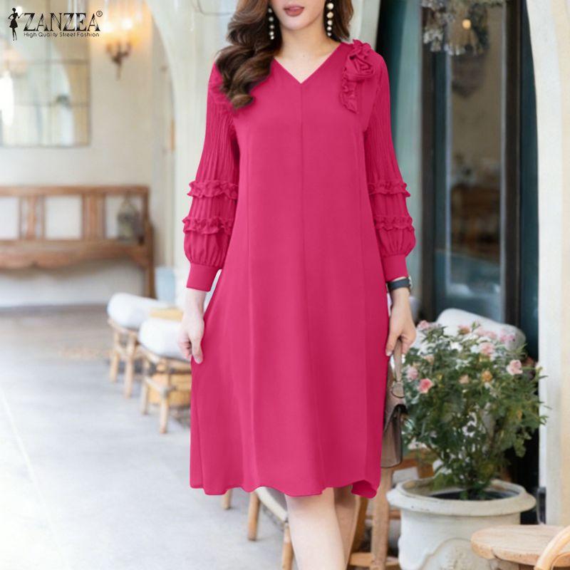 ZANZEA Women Casual V-Neck Loose 3/4 Sleeve 3D Flowers Splice Dress