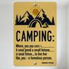 Vintage Camping Humor Metal Tin Sign, Sun Mountains Tent Campfire Pine Trees Design, Home Bar Man Cave Decor with 'CAMPING: Wher