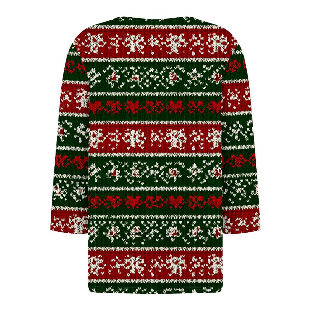 Women's Casual Fashion V-neck Loose Versatile Christmas Print Three-quarter Sleeve Top