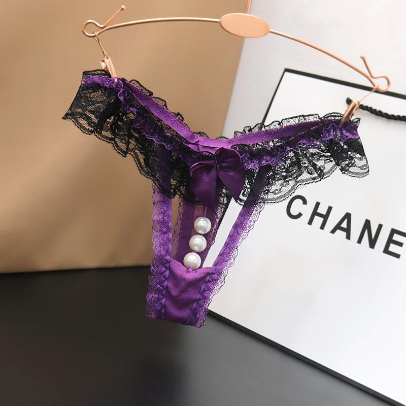 Transparent Lace Low-Waist Women's Thong with Pearl Massage Feature