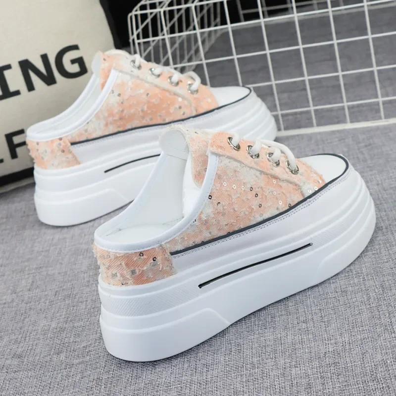 Mote Canvas Baotou Halvtøfler Dame Nye Sommer Yttertøy Alt-match Tykk Såle Innvendig Høydeøkning 8cm Uten Hæl Slip-on Sko