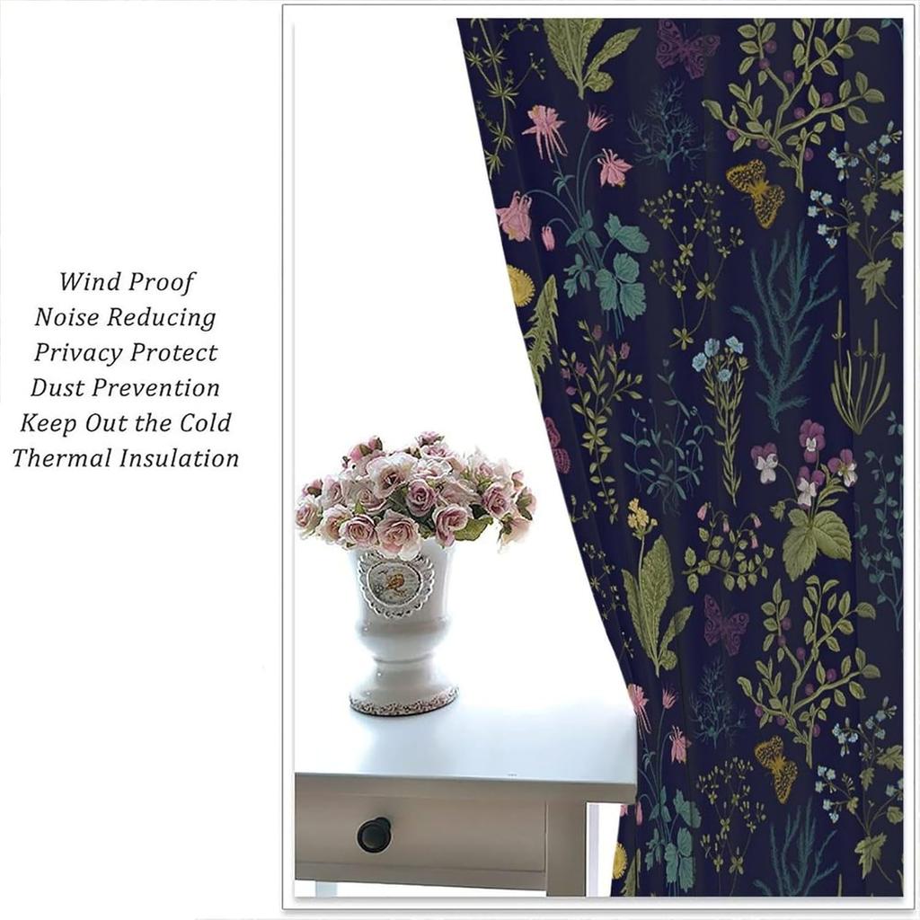 Rustic Farmhouse Plant Floral Blackout Curtains, Watercolor Flowers Botanical Butterfly Window Drapes Treatment, for Bedroom Liv